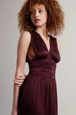Tobi Goddess Satin Smocked Maxi Dress - Burgundy