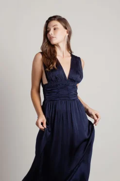 Tobi Goddess Satin Smocked Maxi Dress - Burgundy