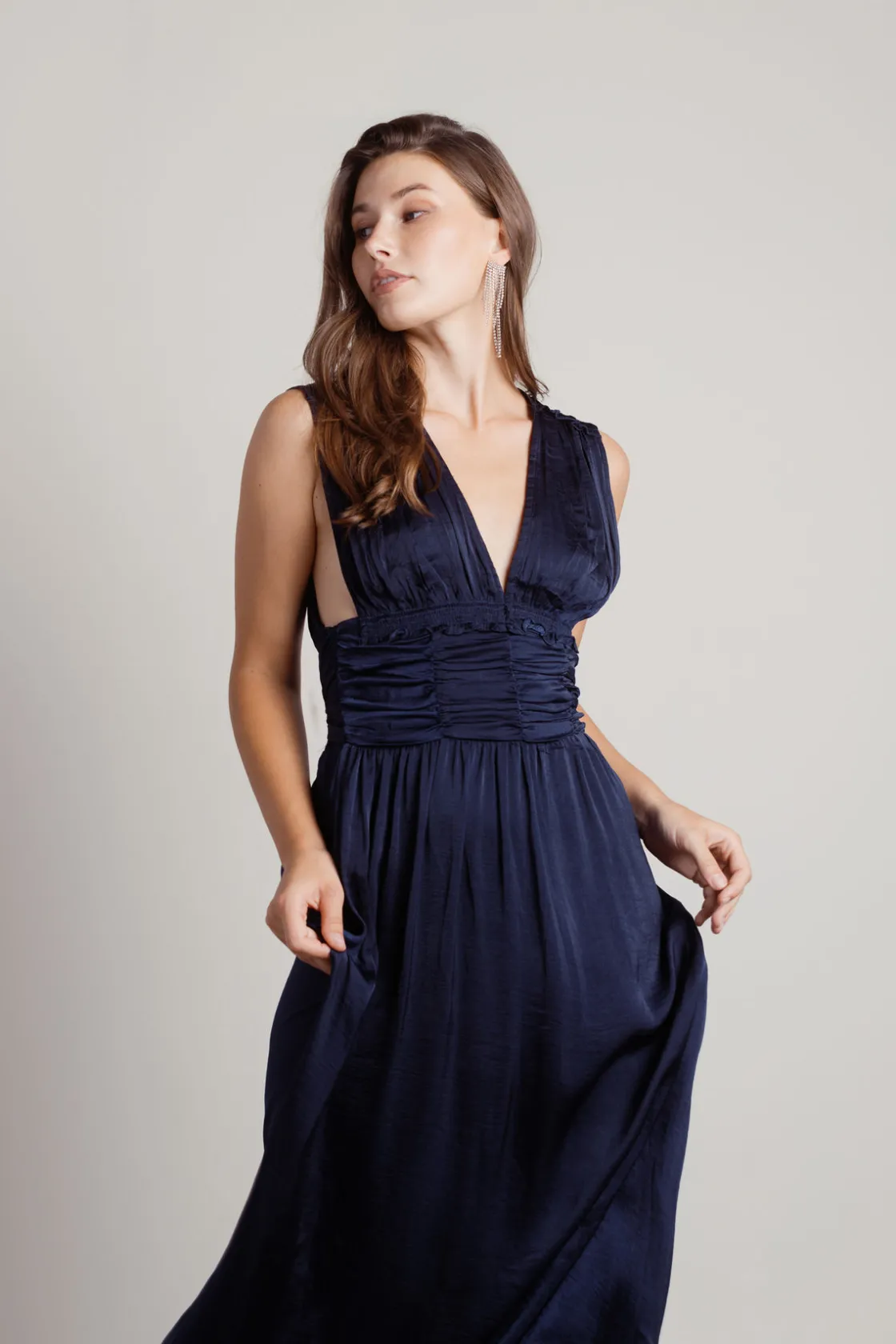 Tobi Goddess Satin Smocked Maxi Dress - Burgundy