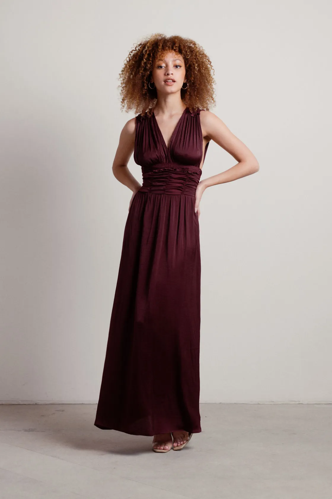 Tobi Goddess Satin Smocked Maxi Dress - Burgundy