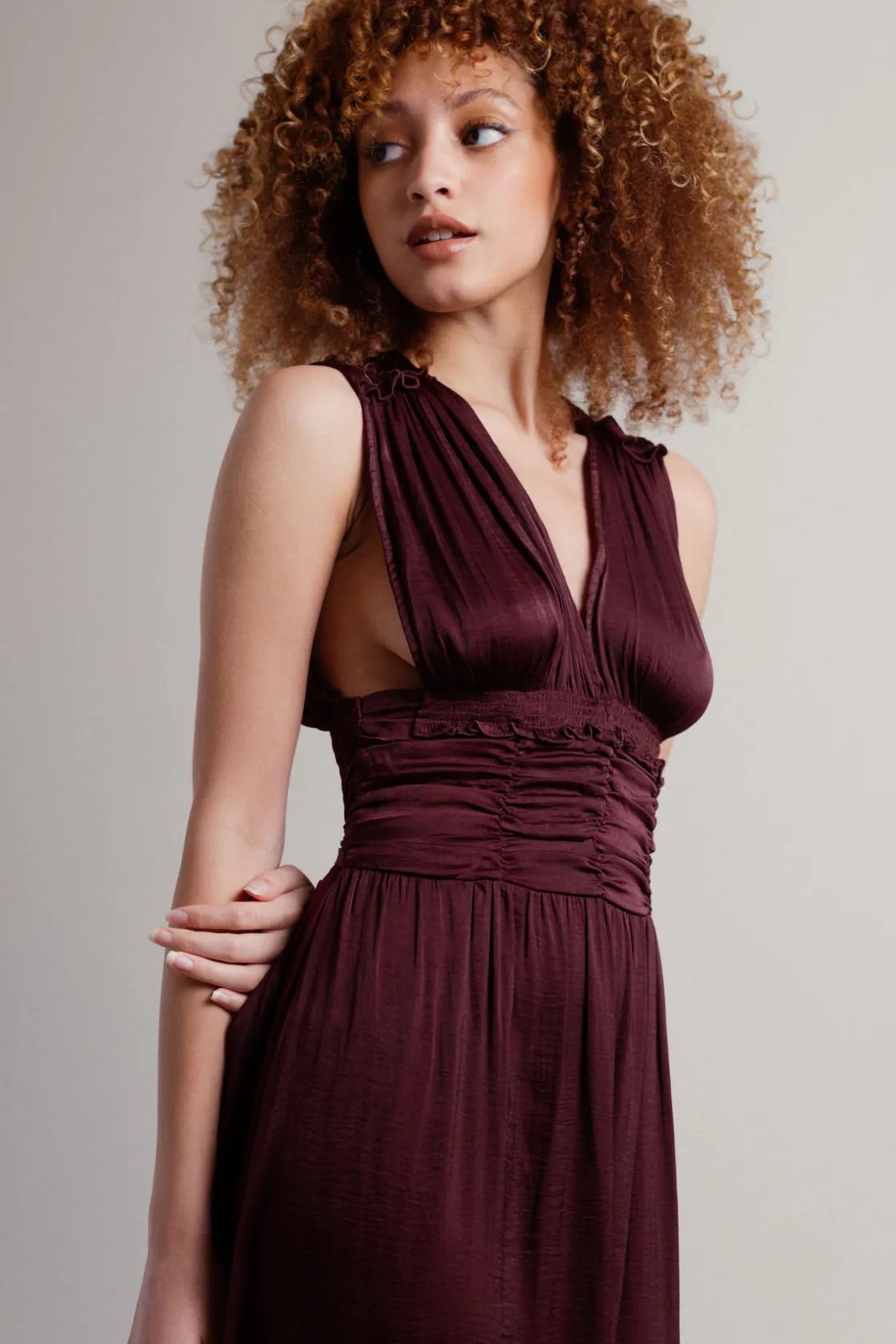 Tobi Goddess Satin Smocked Maxi Dress - Burgundy