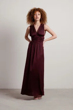 Tobi Goddess Satin Smocked Maxi Dress - Burgundy