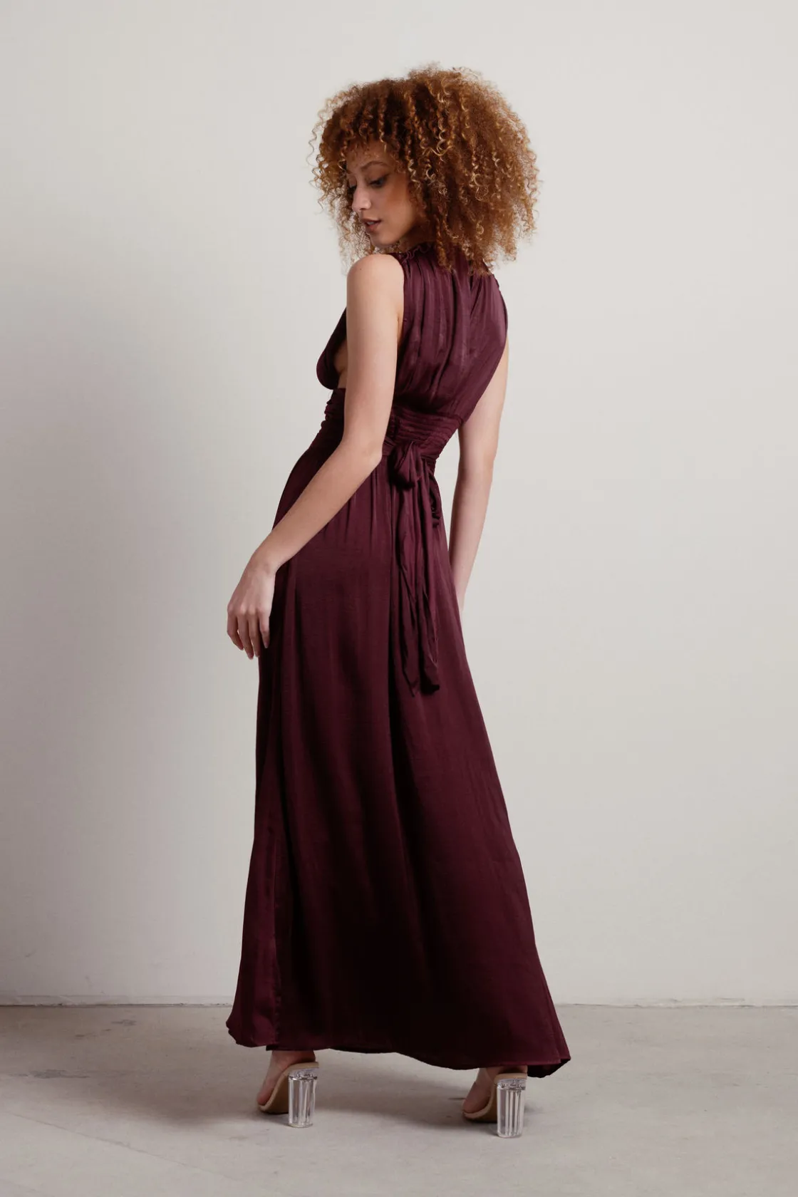 Tobi Goddess Satin Smocked Maxi Dress - Burgundy