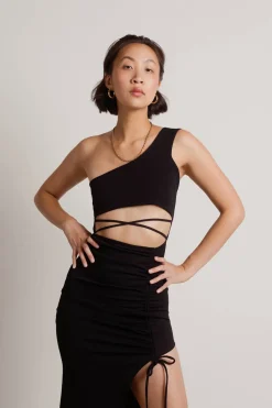 Tobi Gotta Find Me One Shoulder High Slit Midi Dress - Cobalt Blue