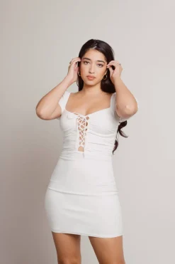 Tobi Guess At It Off White Lace-Up Bodycon Mini Dress
