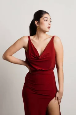 Tobi Hazelynn Cowl Neck High Slit Maxi Dress