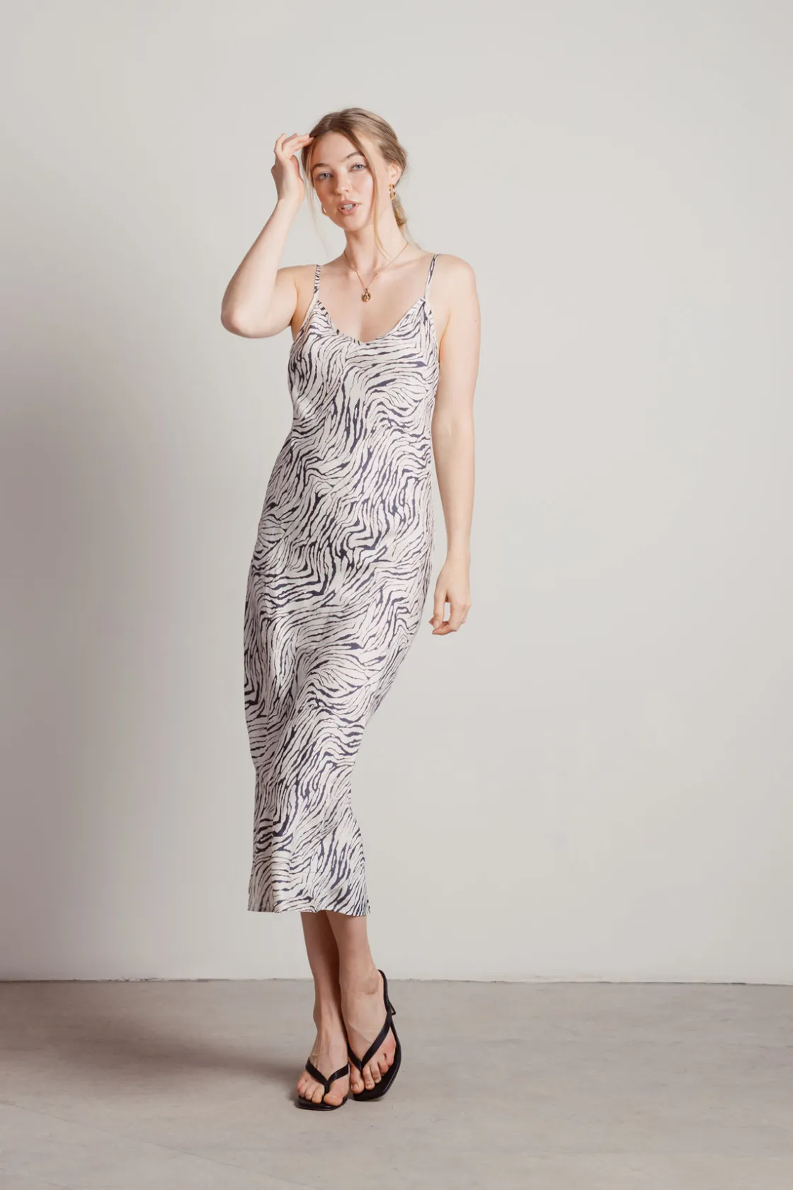 Tobi Hear Me Purr Tiger Print Slip Midi Dress - Ecru
