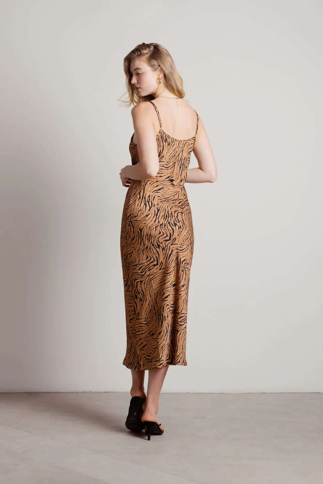 Tobi Hear Me Purr Tiger Print Slip Midi Dress - Ecru