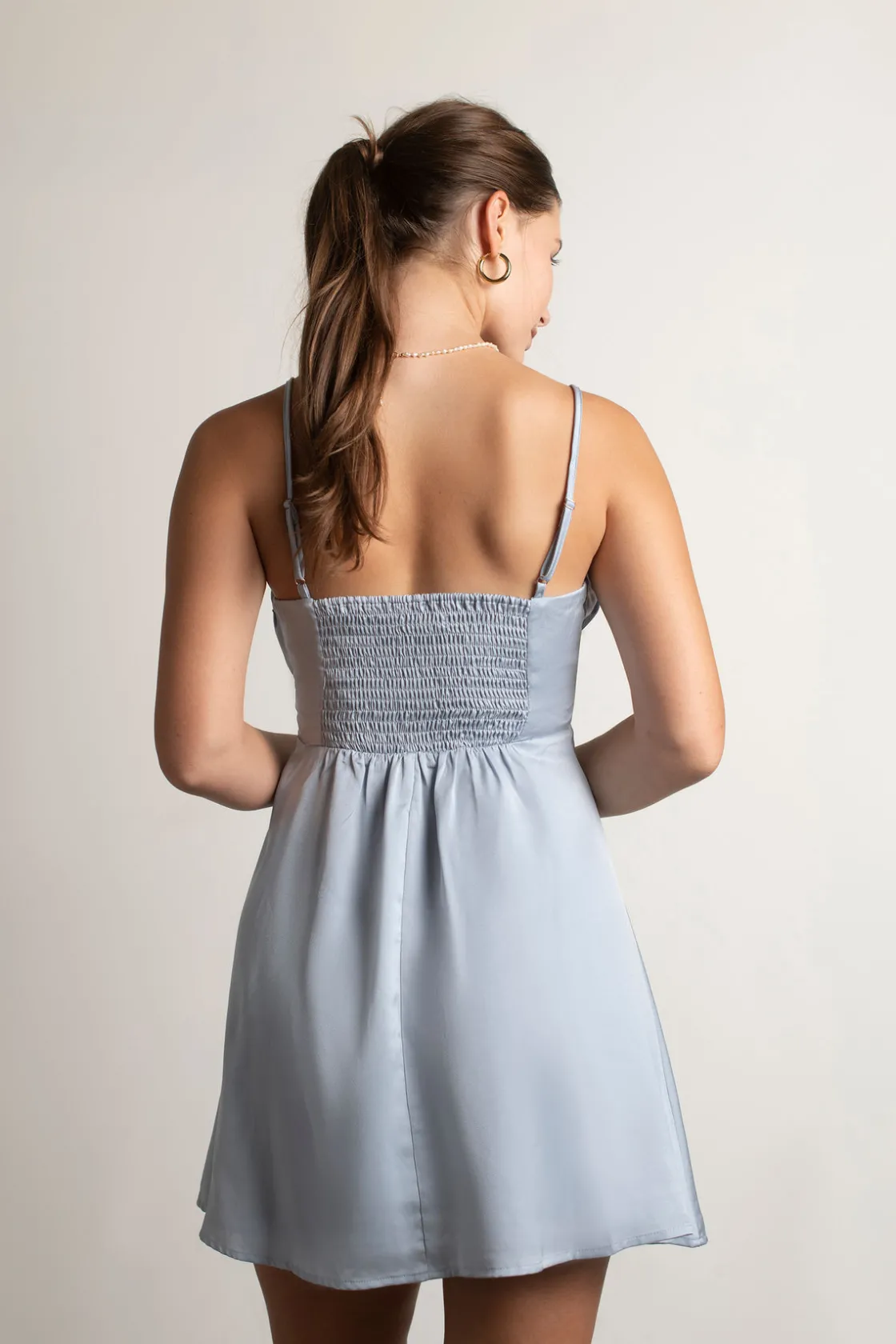 Tobi Heavenly Touch Satin Ruched Mini Dress - Icy Blue