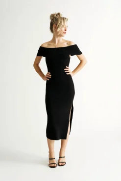 Tobi Hello Again Ribbed Off Shoulder Midi Dress