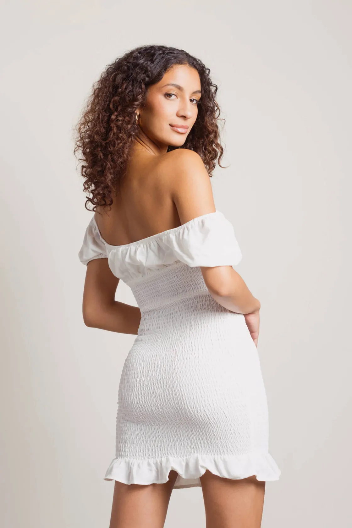 Tobi Here We Are Off The Shoulder Smocked Mini Dress -