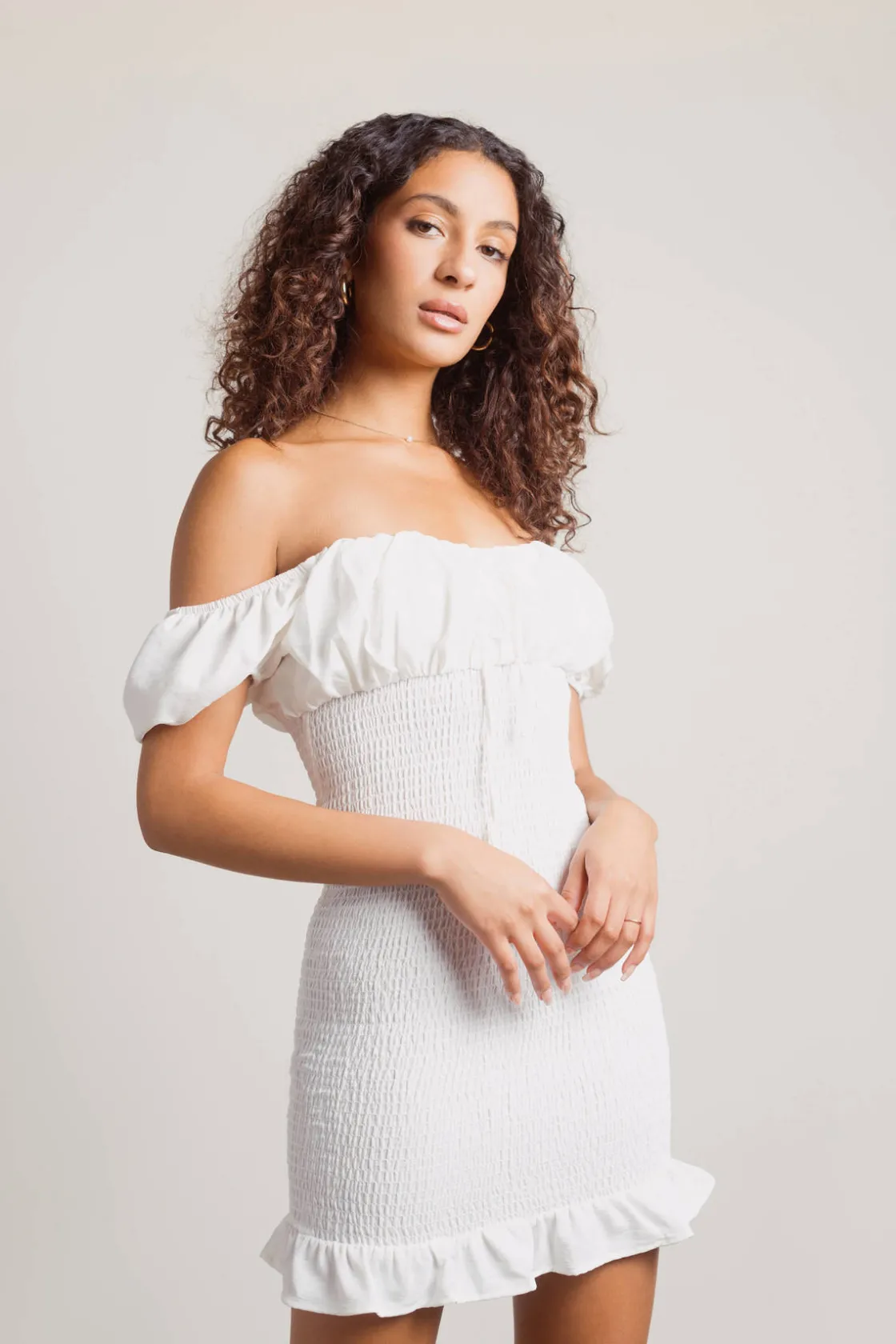 Tobi Here We Are Off The Shoulder Smocked Mini Dress -