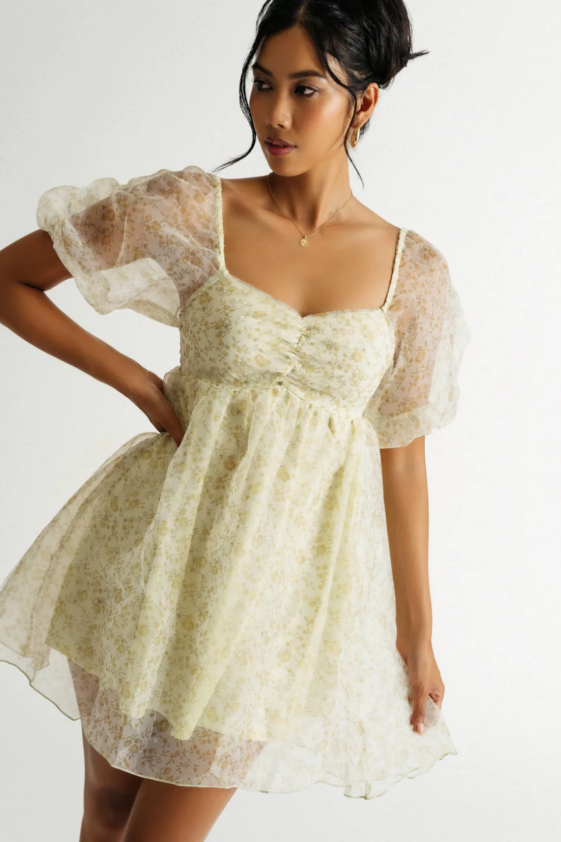Tobi Hidden Time Floral Puff Sleeve Babydoll Mini Dress