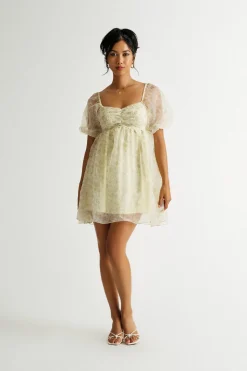 Tobi Hidden Time Floral Puff Sleeve Babydoll Mini Dress
