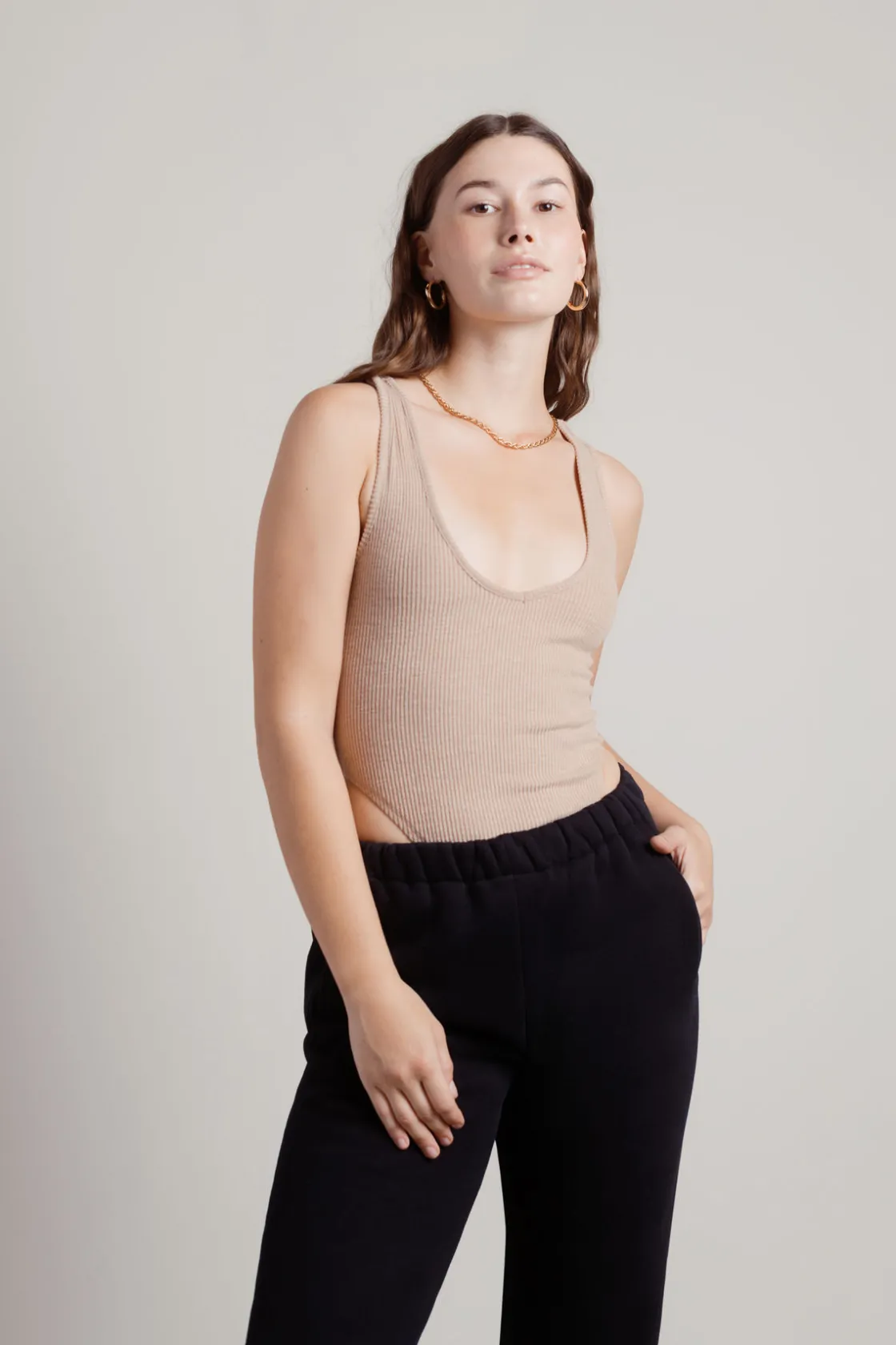 Tobi High Sides Ribbed Bodysuit - Beige