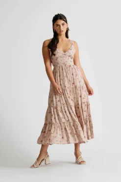 Tobi Hummingbird Floral Tiered Tie-Back Midi Dress