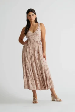 Tobi Hummingbird Floral Tiered Tie-Back Midi Dress