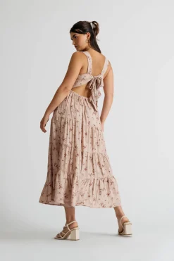 Tobi Hummingbird Floral Tiered Tie-Back Midi Dress