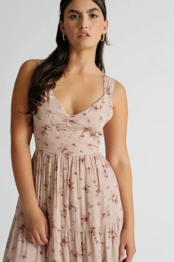 Tobi Hummingbird Floral Tiered Tie-Back Midi Dress