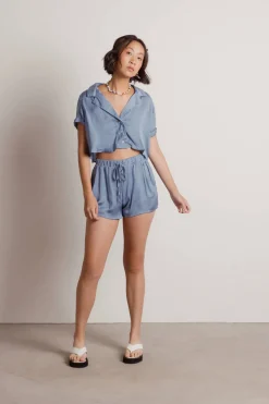 Tobi Indecisive Satin Crop Top And Shorts Set - Blue