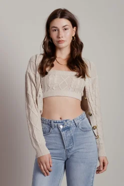 Tobi Isla Cable Knit Crop Top And Cardigan Set - Sage