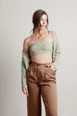 Tobi Isla Cable Knit Crop Top And Cardigan Set - Sage