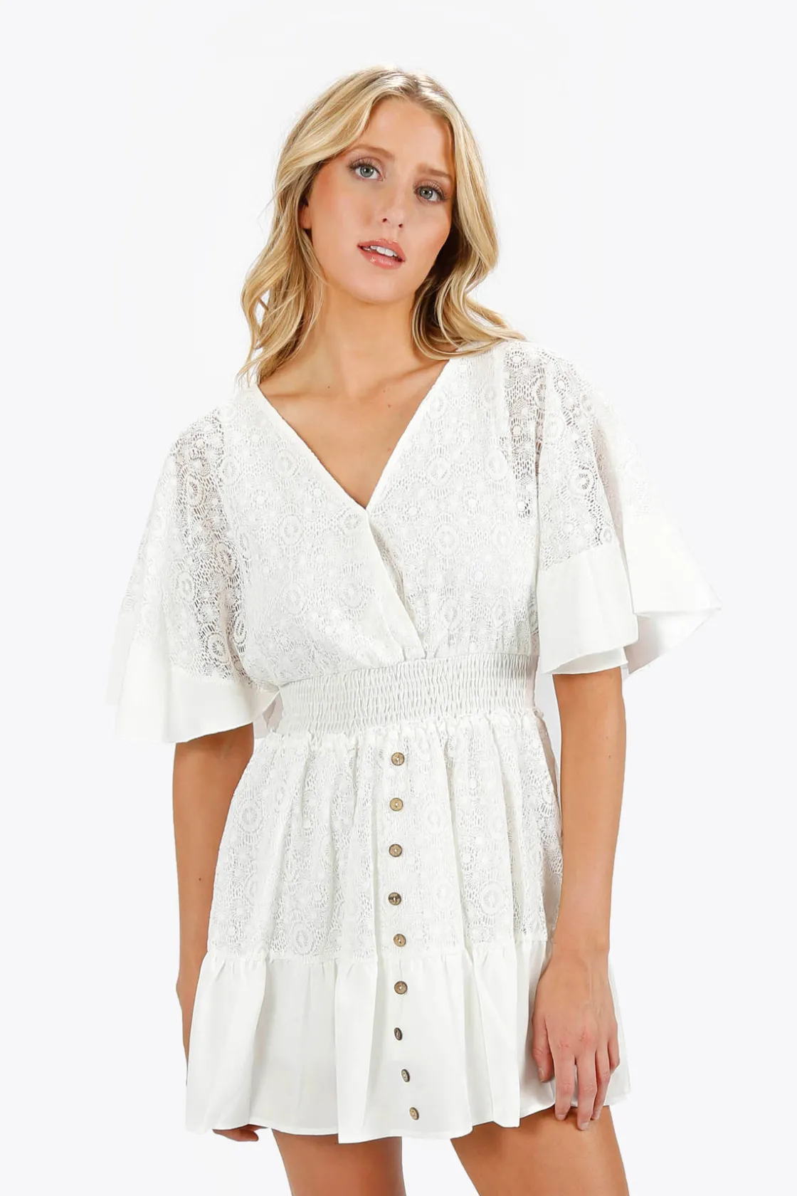 Tobi Jayanne Lace Flutter Sleeve Mini Dress -