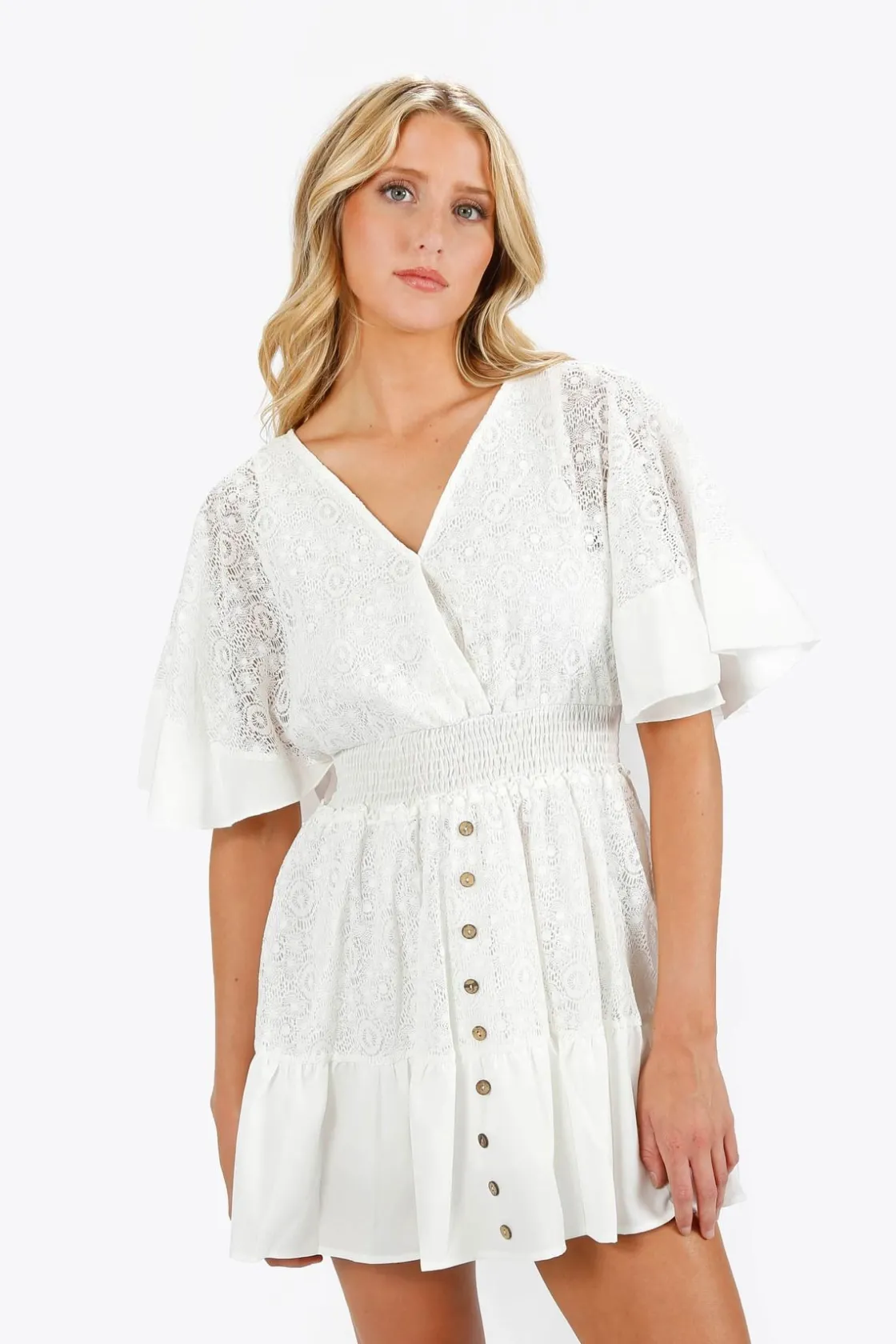 Tobi Jayanne Lace Flutter Sleeve Mini Dress -