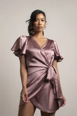 Tobi Jazmine Butterfly Sleeves Satin Wrap Dress