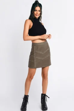 Tobi Jeannette Studded Mini Skirt - Olive