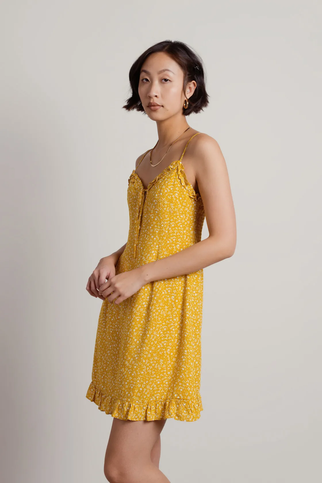 Tobi Just Like The Movies Floral Ruffle Mini Dress - Mustard Starlight