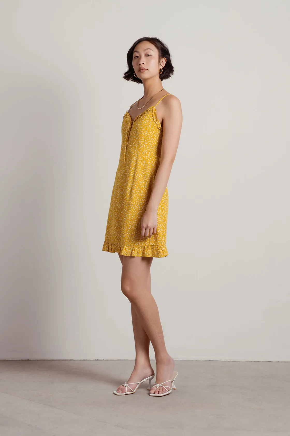 Tobi Just Like The Movies Floral Ruffle Mini Dress - Mustard Starlight