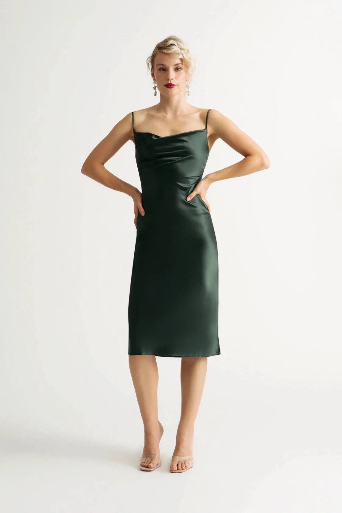 Tobi Justine Black Satin Cowl Neck Midi Dress