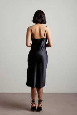 Tobi Justine Black Satin Cowl Neck Midi Dress