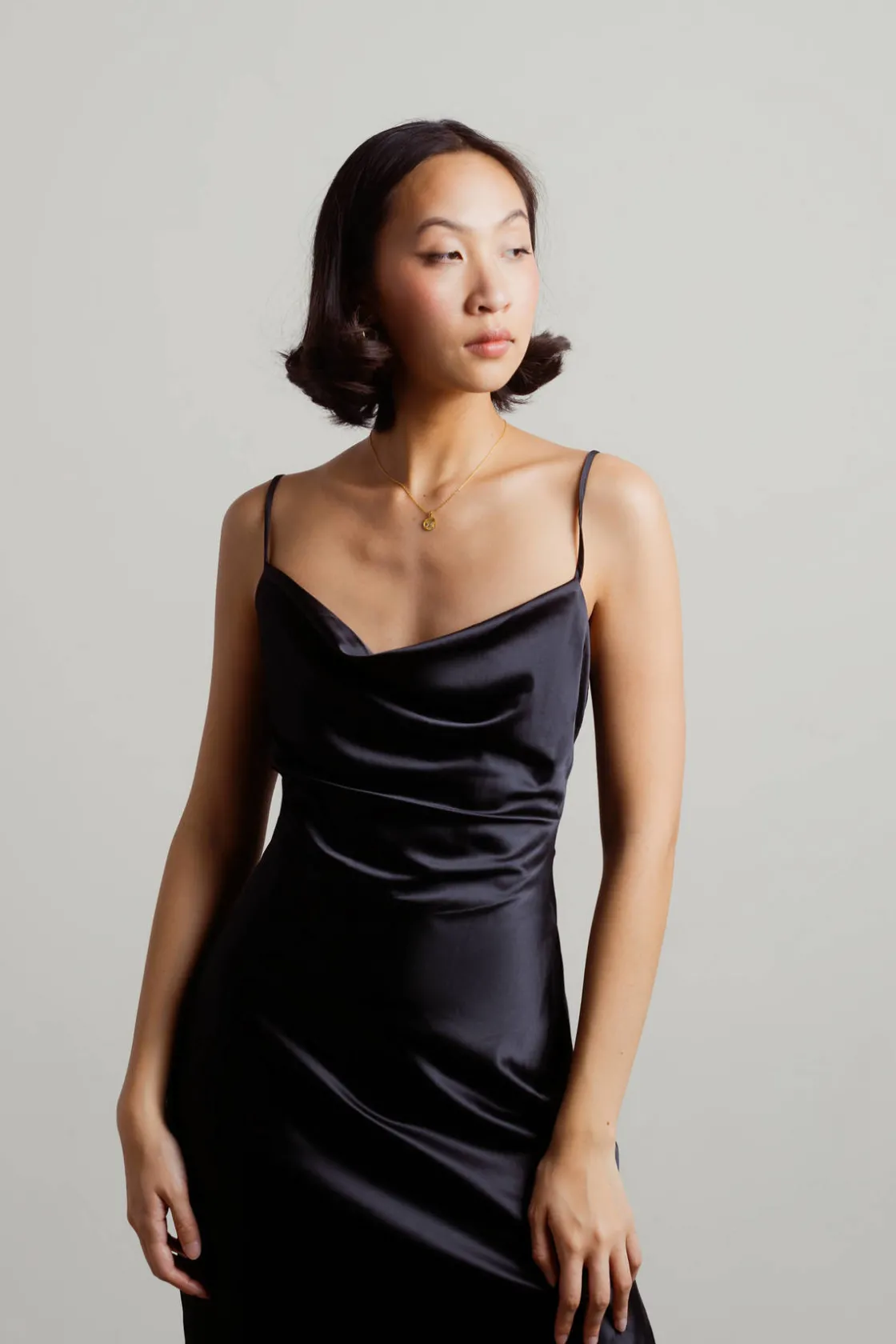 Tobi Justine Black Satin Cowl Neck Midi Dress