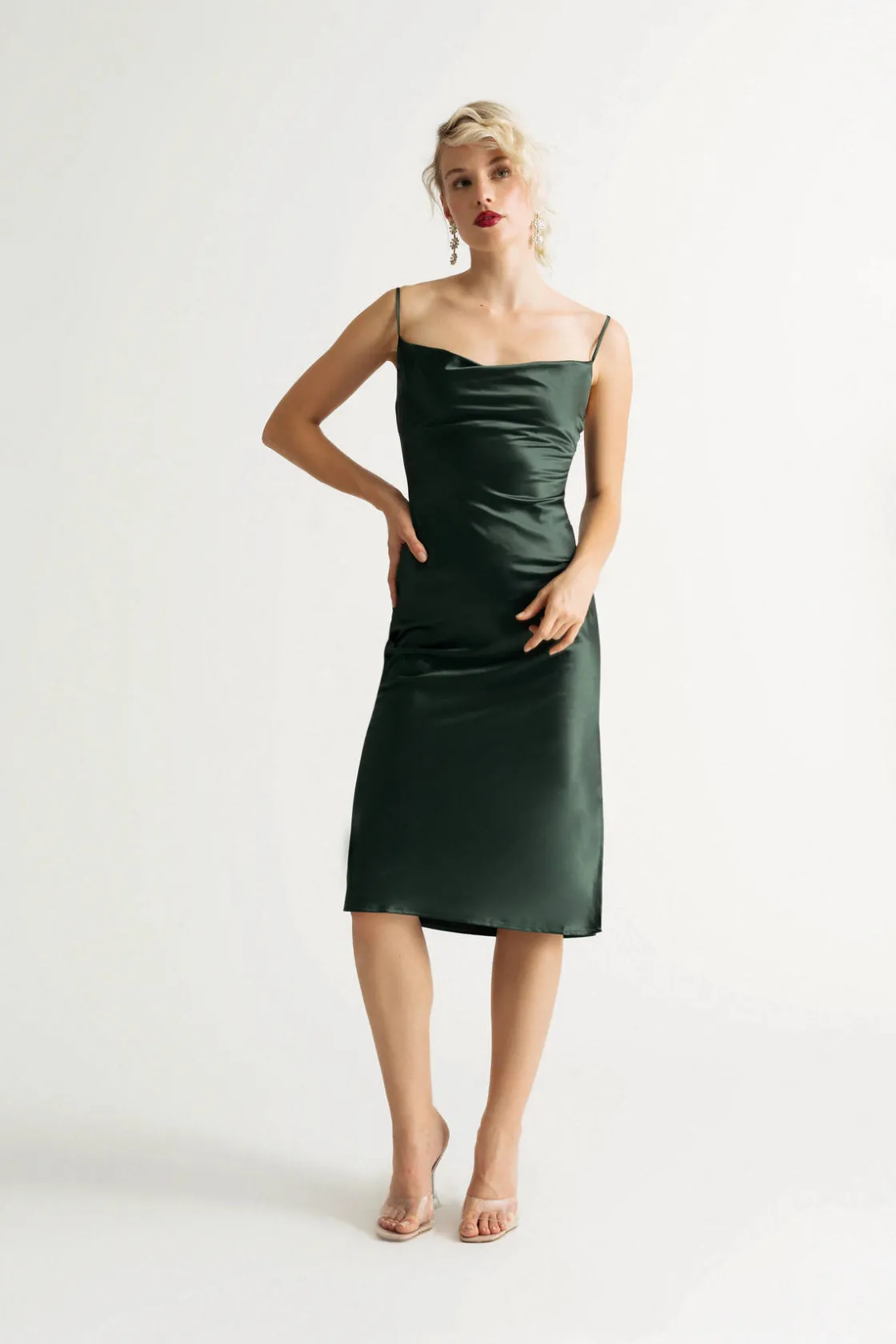 Tobi Justine Black Satin Cowl Neck Midi Dress