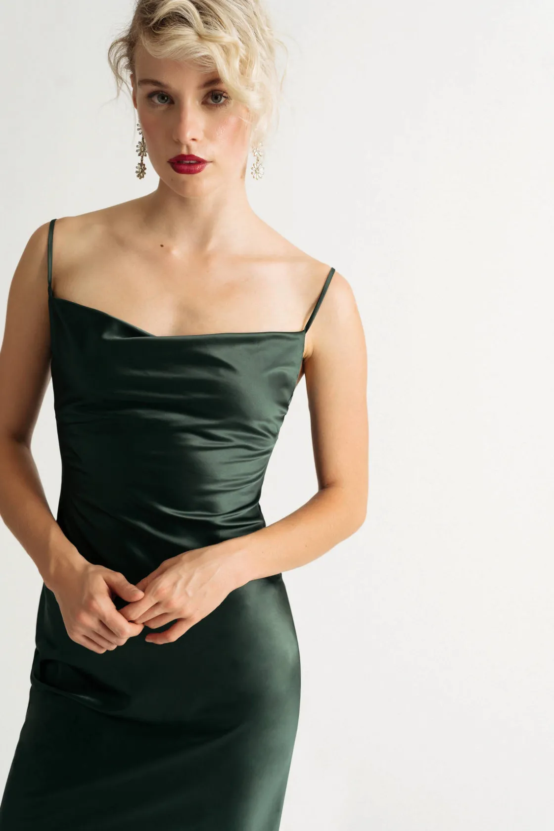 Tobi Justine Black Satin Cowl Neck Midi Dress
