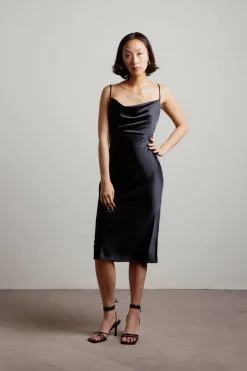Tobi Justine Black Satin Cowl Neck Midi Dress