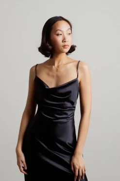 Tobi Justine Black Satin Cowl Neck Midi Dress