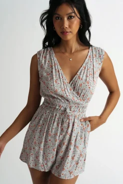Tobi Keep It Going Surplice Romper - Grey Multi