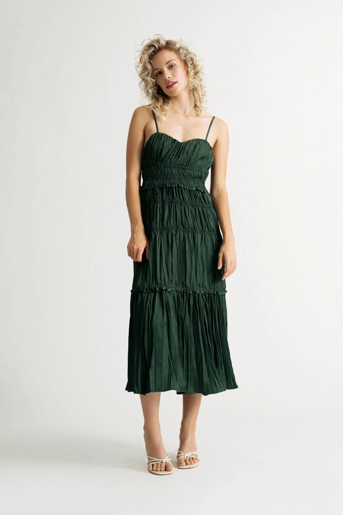 Tobi Keep Me Company Satin Pleated Tiered Midi Dress