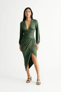 Tobi Kentrell Deep V Ruched Bodycon Midi Dress