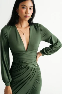 Tobi Kentrell Deep V Ruched Bodycon Midi Dress