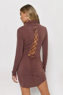 Tobi Khal Lace Back Turtleneck Mini Dress - Marsala