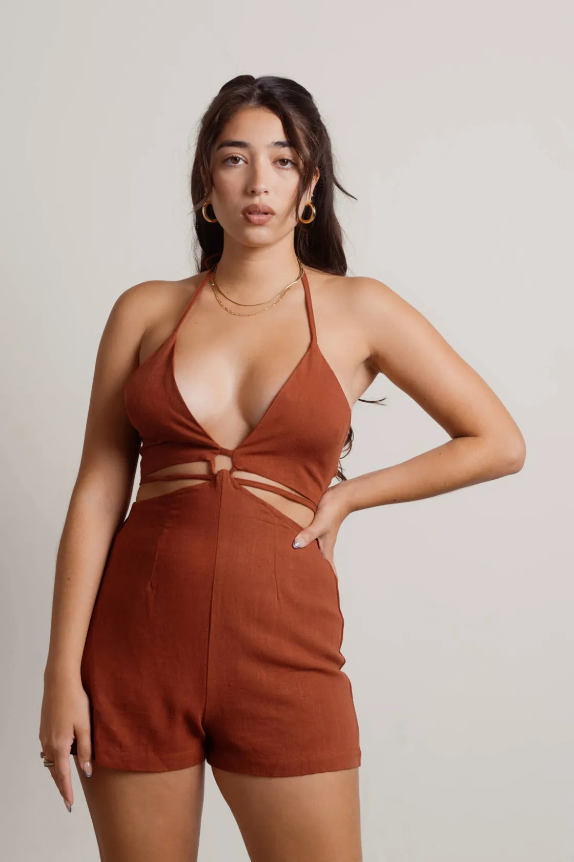 Tobi Kiss Me Cutout Romper - Brown