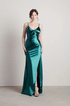 Tobi Knightly Dreams Satin High Slit Maxi Dress - Emerald