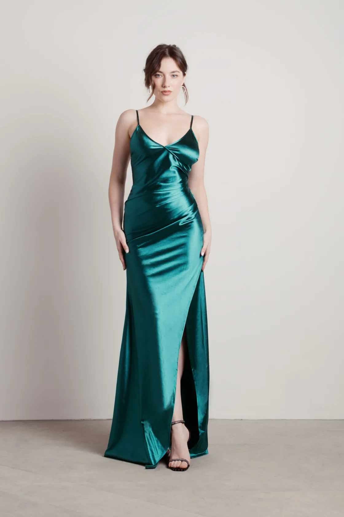Tobi Knightly Dreams Satin High Slit Maxi Dress - Emerald
