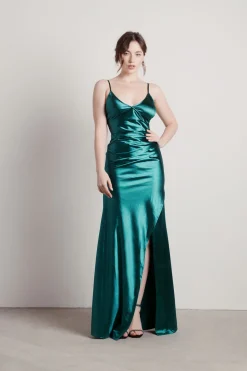 Tobi Knightly Dreams Satin High Slit Maxi Dress - Emerald