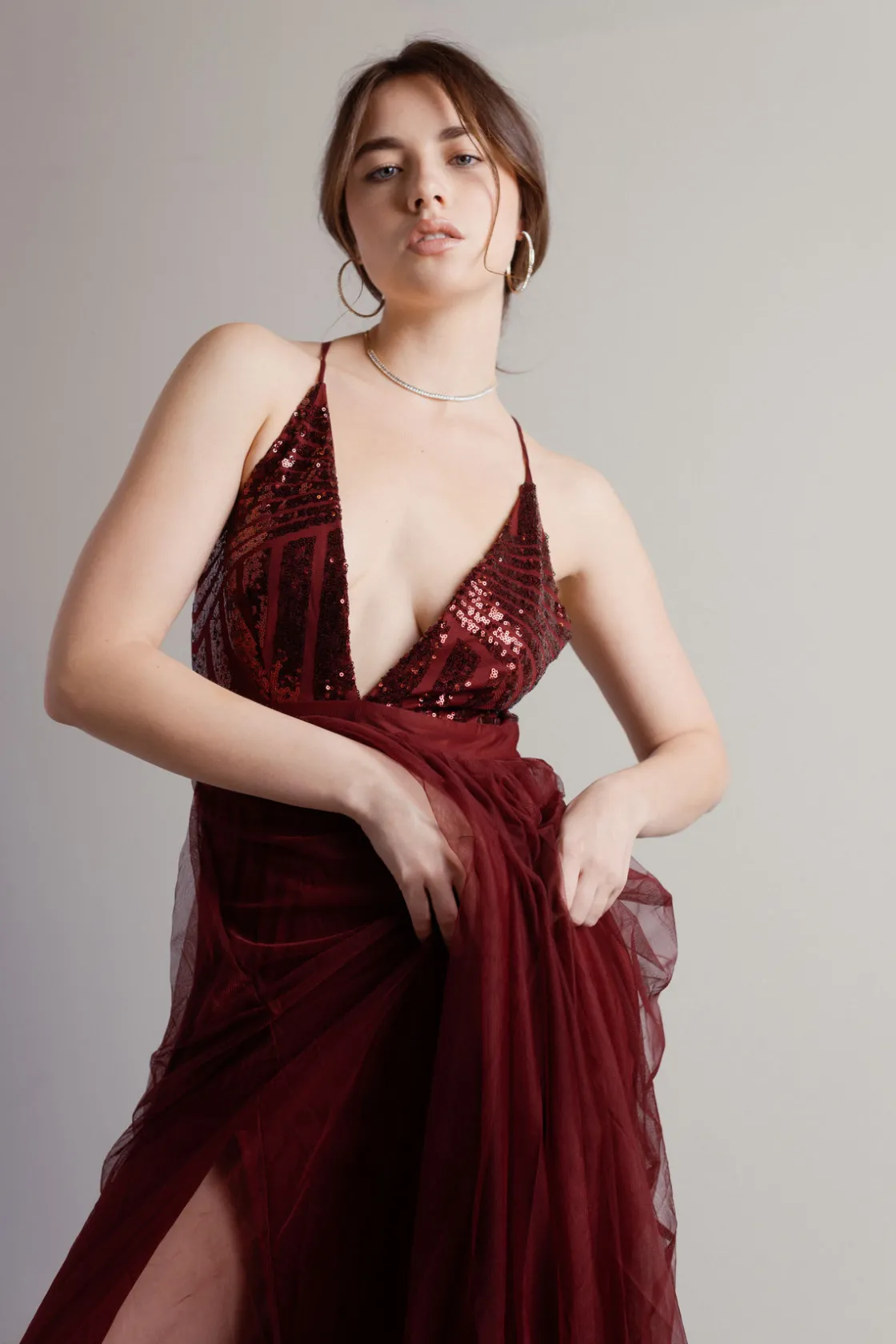 Tobi Kristina Plunging Tulle Maxi Dress -
