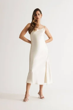 Tobi Kylah Cream Satin Slit Slip Midi Dress